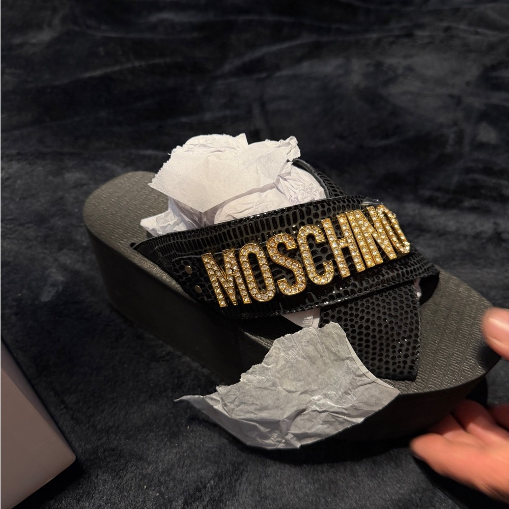 Moschino Black Platform Sandals with Gold Accents